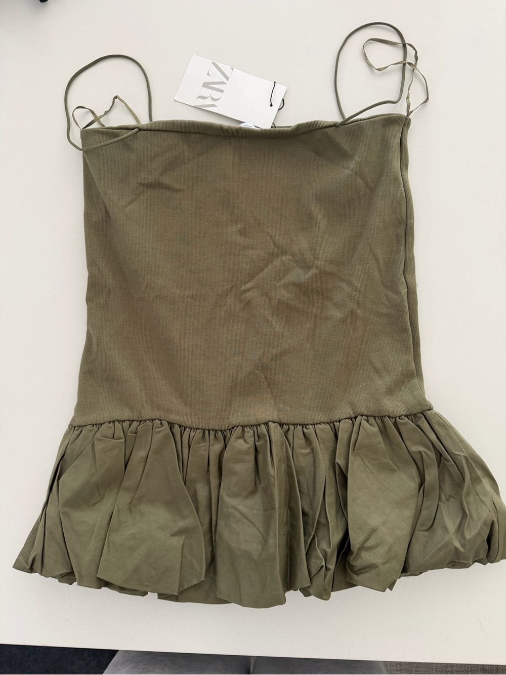 Zara Olive Ruffle-Trim shirt w spaghetti Straps